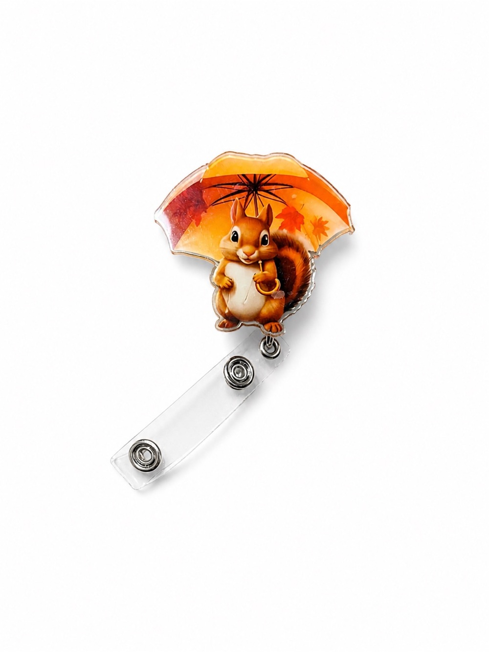 Squirrel Under Umbrella Badge Reel - Orange Fall Design